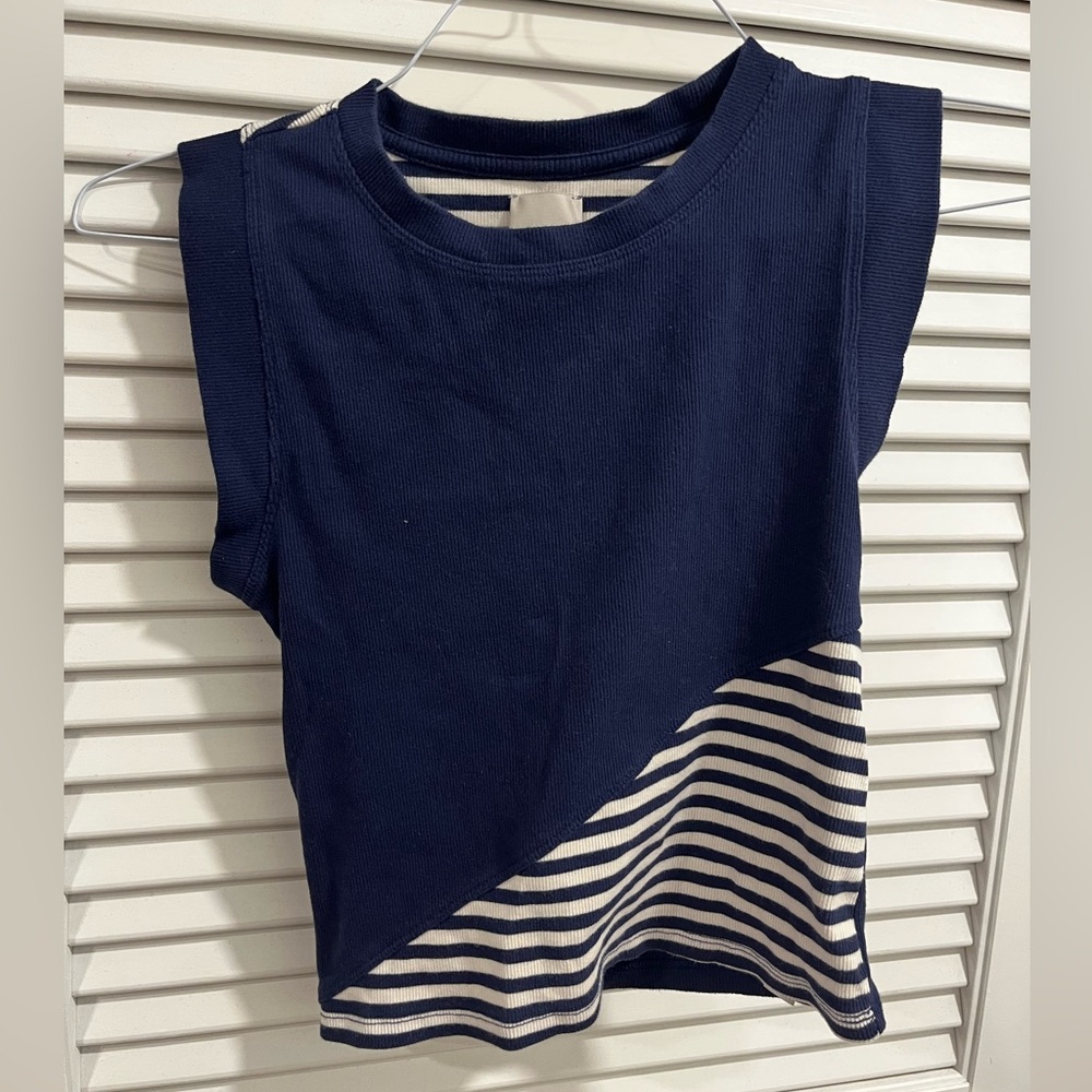 Anthropologie Maeve Navy Muscle Tank with White Nautical Stripe Panel